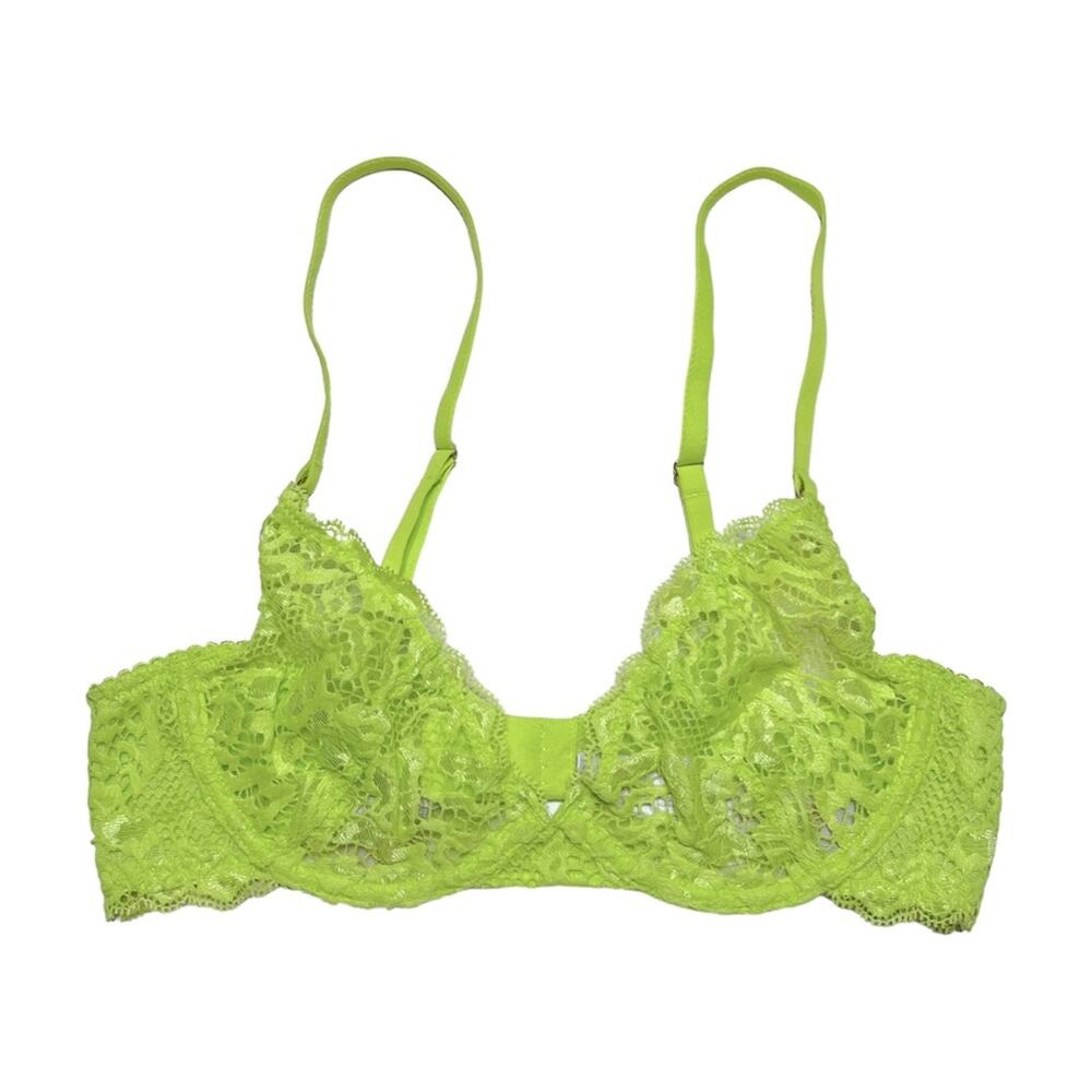 Savage X Fenty Alien Animal Unlined Lace Plunge Bra Twisted Lime Green Size 34B